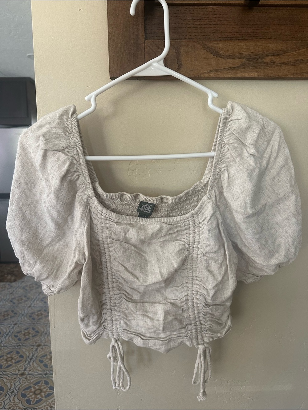 Cream Ruched Puff-Sleeve Cropped Top